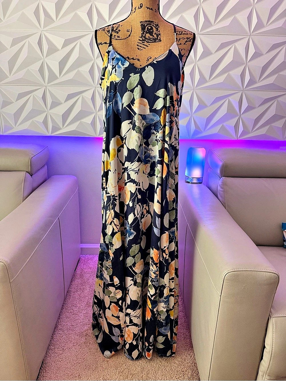 Tahari Navy Watercolor Floral Maxi Dress | M